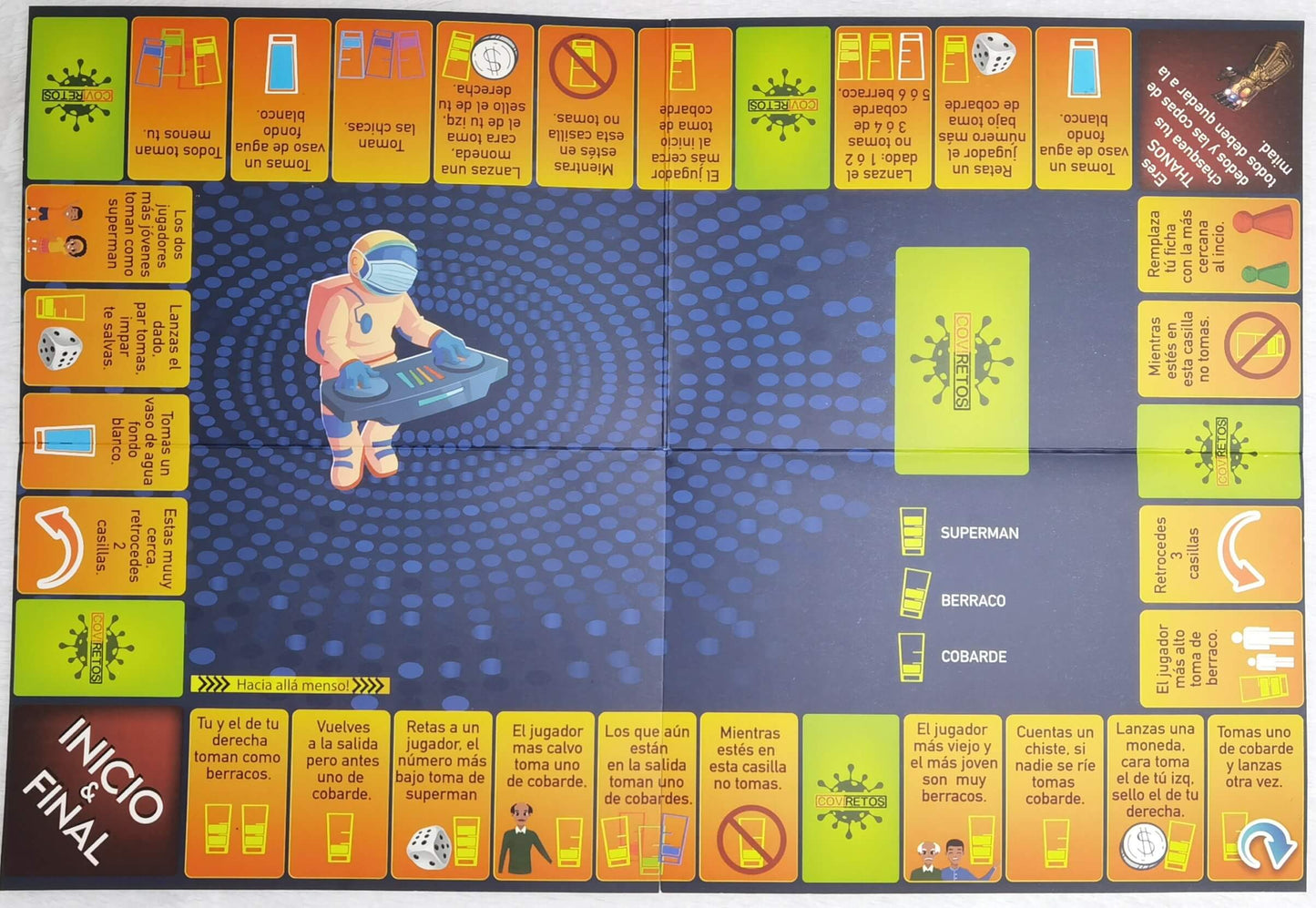 ES UN JUEGO DE MESA DE TRAGOS Y RETOS CON MUCHA DIVERSIÓN Y UNA INOLVIDABLE EXPERIENCIA CON 20 PICANTES COVIRETOS Y 33 CASILLAS QUE DEBERÁ PASAR CON LLUVIA DE ALCOHOL. INCLUYE: TABLERO 33 PRUEBAS,20 CARTAS COVIRETOS,6 COPAS TEQUILERAS MARCADAS Y DE FICHAS CON 6 UNIDADES Y UN DADO