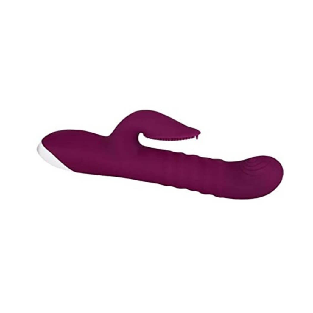 VIBRADOR DUAL DE EMPUJE Y GIRO, PERFECTO PARA EL PLACER INTERNO Y EXTERNO, 3 VELOCIDADES DE EMPUJE Y GIRO, 10 VELOCIDADES DE VIBRACIÓN EN LA PARTE DEL ESTIMULADOR CLITORIAL, A PRUEBA DE AGUA Y RECARGABLE. COLOR: MORADO MEDIDAS: ALTURA 9.5", PROFUNDIDAD 2.83",1.68".