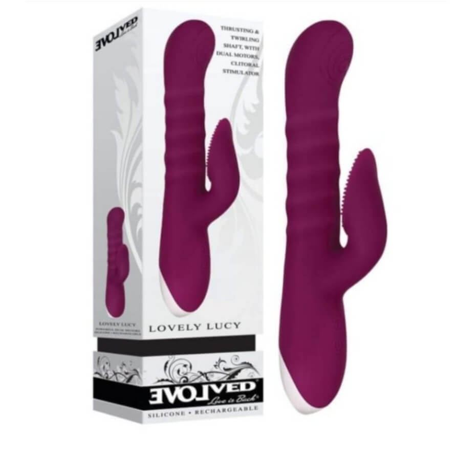 VIBRADOR DUAL DE EMPUJE Y GIRO, PERFECTO PARA EL PLACER INTERNO Y EXTERNO, 3 VELOCIDADES DE EMPUJE Y GIRO, 10 VELOCIDADES DE VIBRACIÓN EN LA PARTE DEL ESTIMULADOR CLITORIAL, A PRUEBA DE AGUA Y RECARGABLE. COLOR: MORADO MEDIDAS: ALTURA 9.5", PROFUNDIDAD 2.83",1.68".