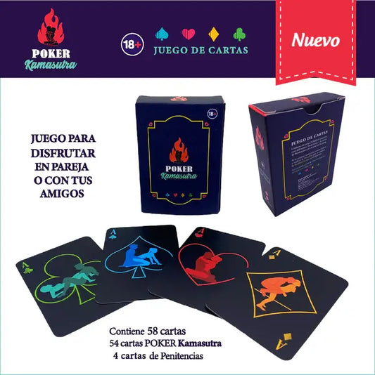 JUEGO DE CARTAS TIPO POKER PARA PAREJAS CONTIENE 54 CARTAS CON DIFERENTES POSICIONES Y 4 CARTAS DE PENITENCIAS. SI TE ANIMAS TOMA UNA CARTA AL AZAR Y REALIZA LA POSICIÓN QUE TE SALGA O LA PENITENCIA QUE CORRESPONDA