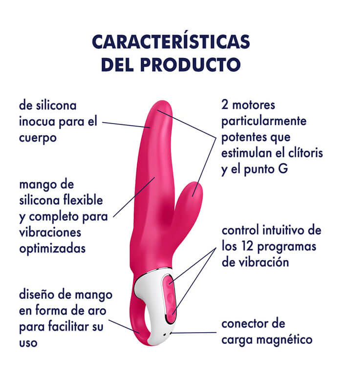  MR RABBIT ES UN JUGUETE DOBLE ESTIMULO QUE COMBINA SIN ESFUERZO LA ESTIMULACIÓN VAGINAL Y DEL CLÍTORIS CON VIBRACIÓN. SU SUPERFICIE DE SILICONA MÉDICA, SU MANGO FLEXIBLE Y SU ESTIMULADOR DE CLÍTORIS SE ACOMODAN ELEGANTEMENTE CONTRA SUS CURVAS PARA LOGRAR LA MÁXIMA ESTIMULACIÓN Y UN PLACER SIN FIN, ES FABRICADO EN SILICONA MEDICA HIPOALERGENICA, RECARGABLE Y CON GARANTIA.