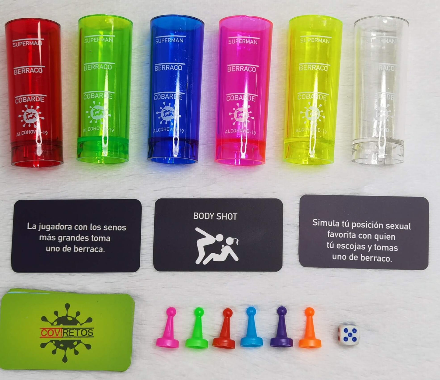 ES UN JUEGO DE MESA DE TRAGOS Y RETOS CON MUCHA DIVERSIÓN Y UNA INOLVIDABLE EXPERIENCIA CON 20 PICANTES COVIRETOS Y 33 CASILLAS QUE DEBERÁ PASAR CON LLUVIA DE ALCOHOL.   INCLUYE: TABLERO 33 PRUEBAS,20 CARTAS COVIRETOS,6 COPAS TEQUILERAS MARCADAS Y DE FICHAS CON 6 UNIDADES Y UN DADO