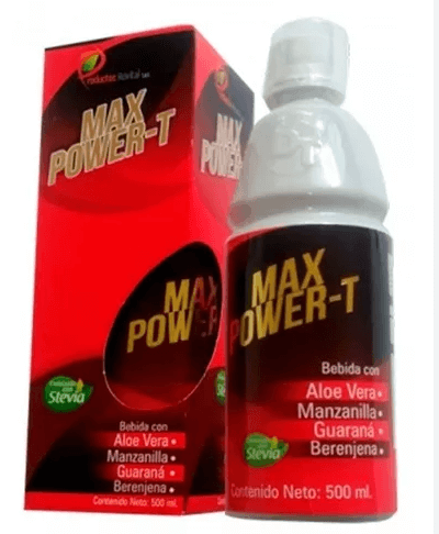 MAX POWER-T JARABE DE TOMA DIARIA A BASE DE ALOE VERA, MANZANILLA, GUARANÁ Y BERENJENA, POTENCIA EL RENDIMIENTO SEXUAL MASCULINO, OTORGA ERECCIONES FUERTES Y MEJOR REACCIÓN FRENTE A CUALQUIER ESTÍMULO. PRESENTACIÓN: 500ML