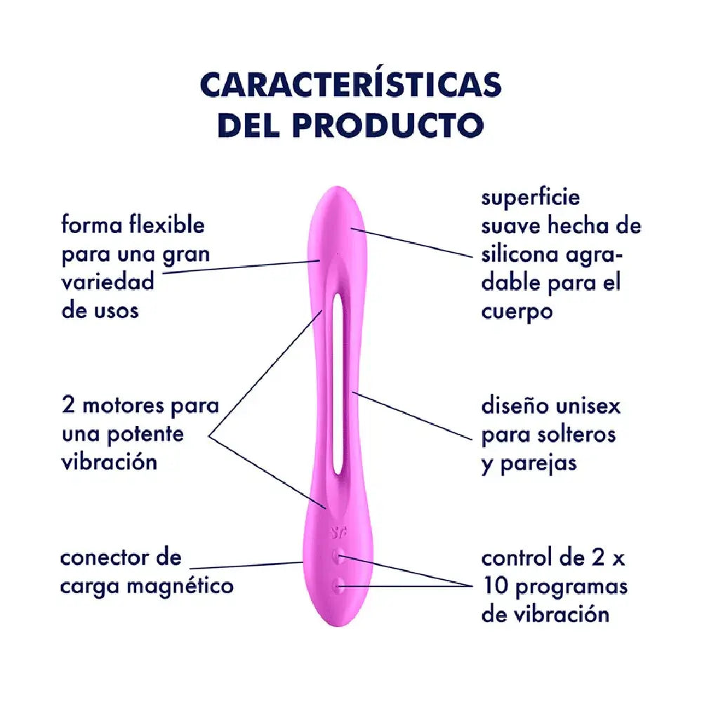 Está equipado con 2 motores y un cuerpo flexible que se puede doblar en diferentes formas y direcciones. Ya sea como un vibrador asociado, un anillo para el pene o un vibrador de apoyo, el&nbsp;Satisfyer Elastic Joy&nbsp;siempre tiene una buena figura.